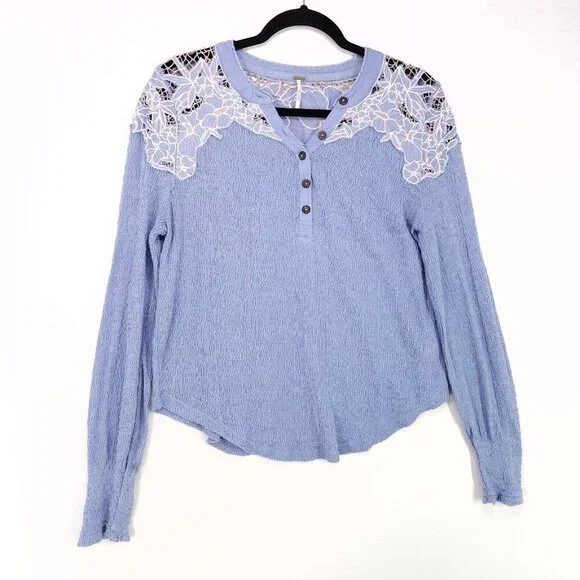 Free People Top Easy Breezy Lace Large Floral Applique Henley Long Sleeve Knit - Picture 2 of 14